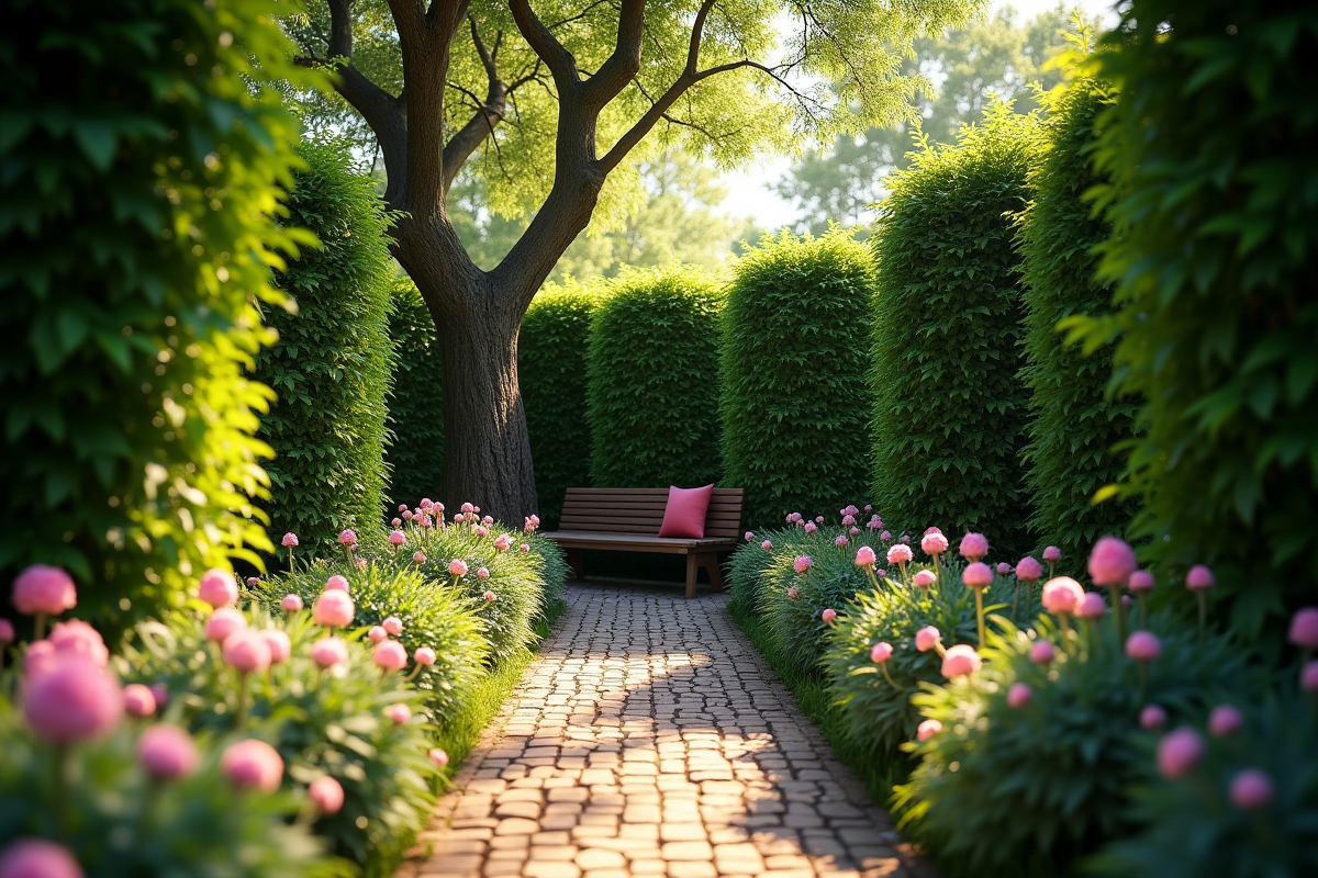 Coin de jardin secret avec banc en bois et fleurs en pleine floraison