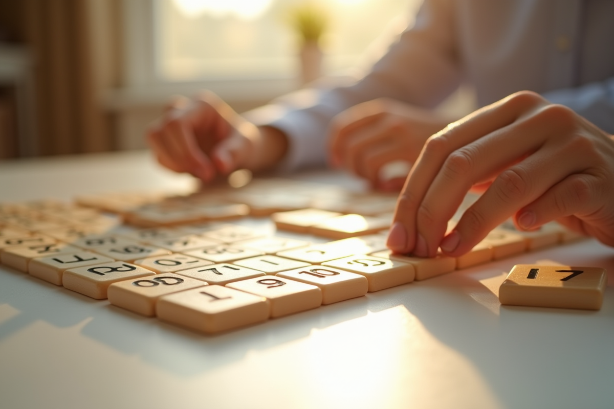 Mains déplaçant des tuiles de Rummikub sur une table claire