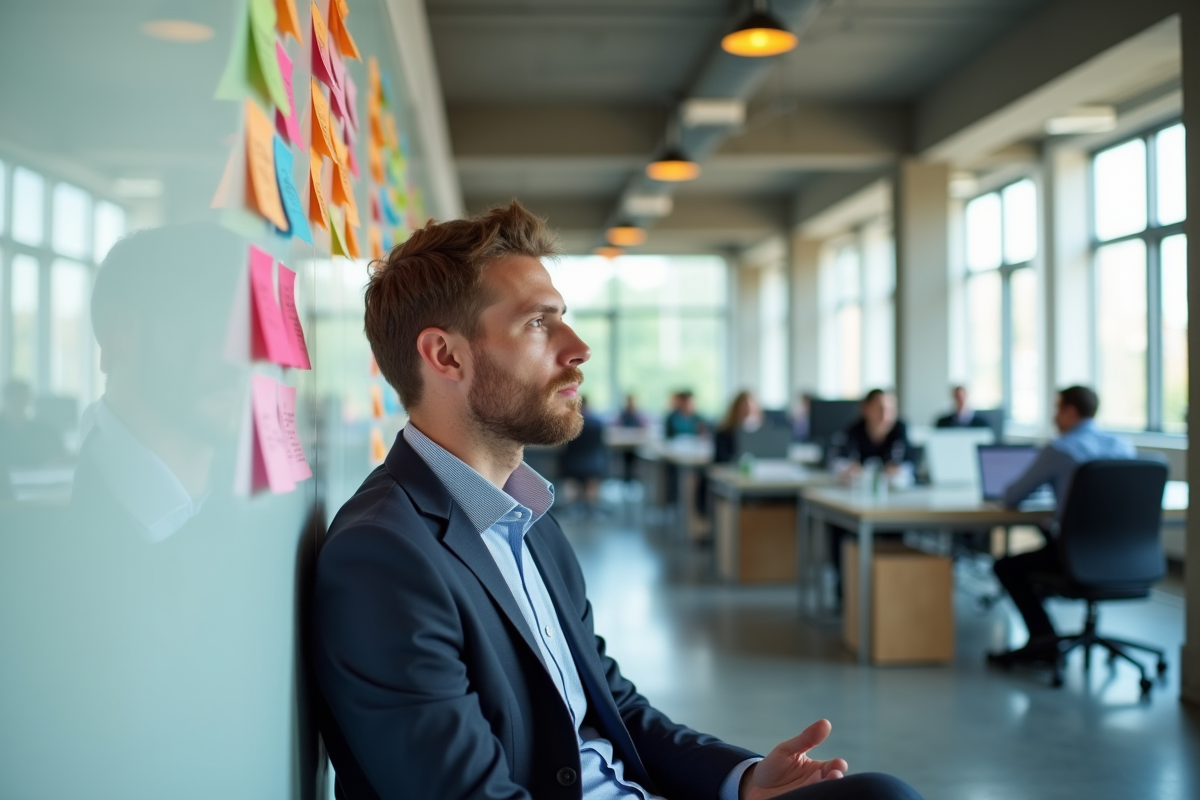 Jeune entrepreneur analysant des notes colorées sur un tableau blanc