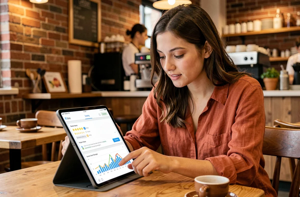 Jeune femme consultant une interface d'avis Jingoo sur une tablette dans un café urbain