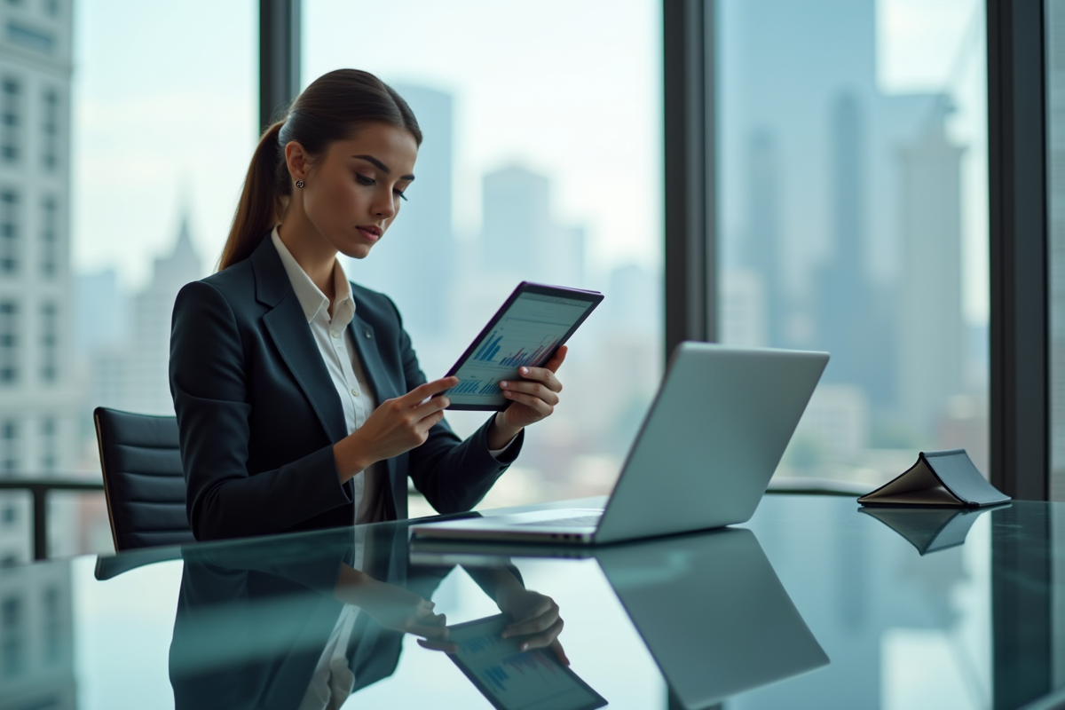 Jeune femme en blazer analysant des graphiques numériques au bureau