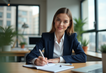 Jeune femme en bureau écrit sa liste de tâches