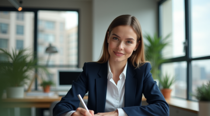 Jeune femme en bureau écrit sa liste de tâches