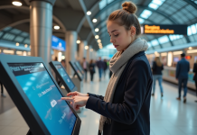 Jeune femme curieuse utilisant un kiosque digital dans une gare