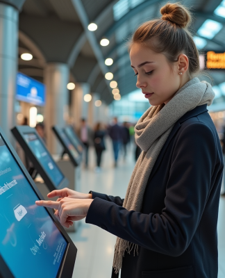 Jeune femme curieuse utilisant un kiosque digital dans une gare