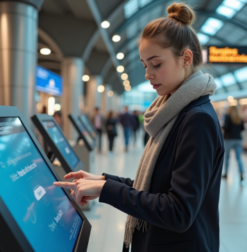Digitalisation : l’impact sur l’industrie du tourisme en France ? Jeune femme curieuse utilisant un kiosque digital dans une gare