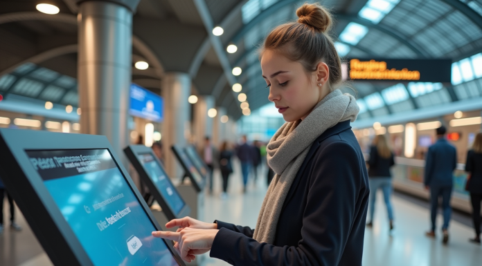 Jeune femme curieuse utilisant un kiosque digital dans une gare