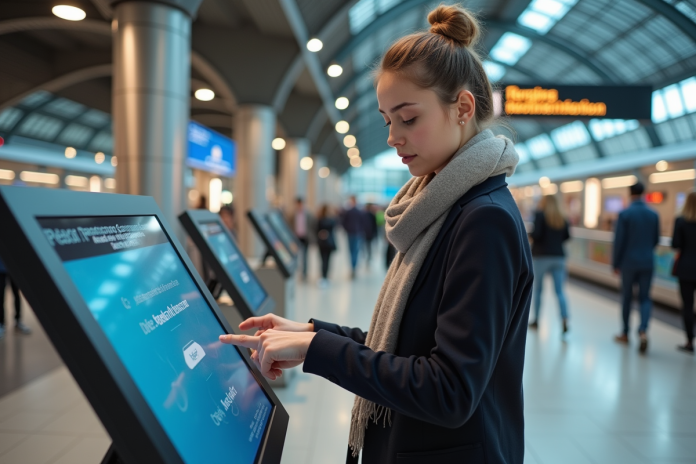 Jeune femme curieuse utilisant un kiosque digital dans une gare