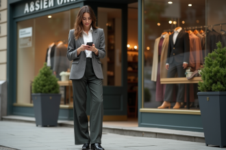 Jeune femme élégante en ville avec téléphone