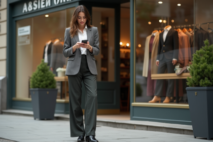 Jeune femme élégante en ville avec téléphone