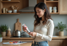 Peinture à l’eau : quel niveau de toxicité ? Les réponses ici Jeune femme lisant une tube de peinture aquarelle dans la cuisine