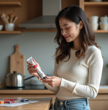 Peinture à l’eau : quel niveau de toxicité ? Les réponses ici Jeune femme lisant une tube de peinture aquarelle dans la cuisine