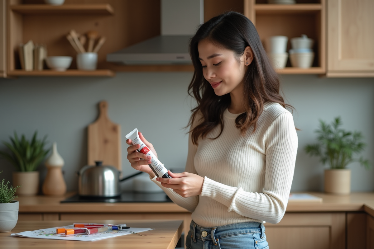 Jeune femme lisant une tube de peinture aquarelle dans la cuisine