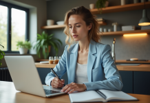Jeune femme en blazer bleu cherche immobilier à la maison