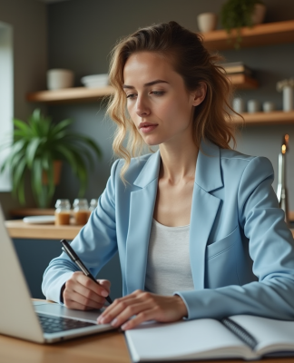 Jeune femme en blazer bleu cherche immobilier à la maison