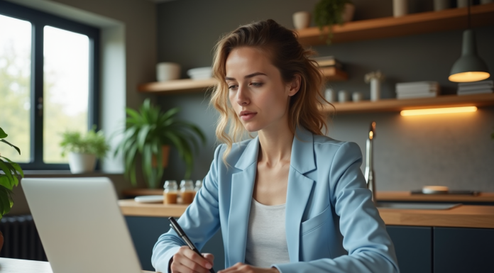 Jeune femme en blazer bleu cherche immobilier à la maison