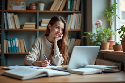 Jeune femme studieuse prenant des notes dans une salle lumineuse