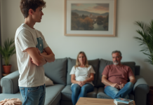 Fils de 21 ans irrespectueux : conseils pour gérer la situation en famille Jeune homme en jeans et t-shirt graphique face à un couple assis