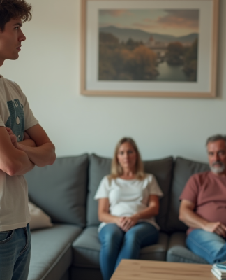 Jeune homme en jeans et t-shirt graphique face à un couple assis