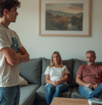 Fils de 21 ans irrespectueux : conseils pour gérer la situation en famille Jeune homme en jeans et t-shirt graphique face à un couple assis