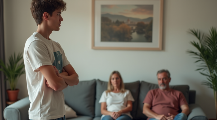 Jeune homme en jeans et t-shirt graphique face à un couple assis
