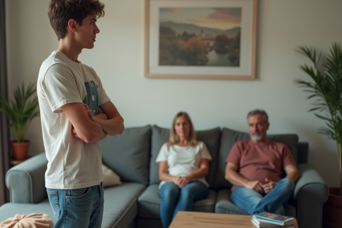 jeune-homme-maisons-conflit Jeune homme en jeans et t-shirt graphique face à un couple assis