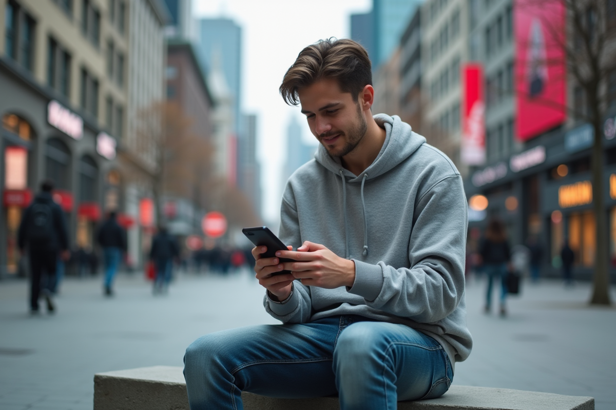 Jeune homme sur un banc urbain utilisant son smartphone