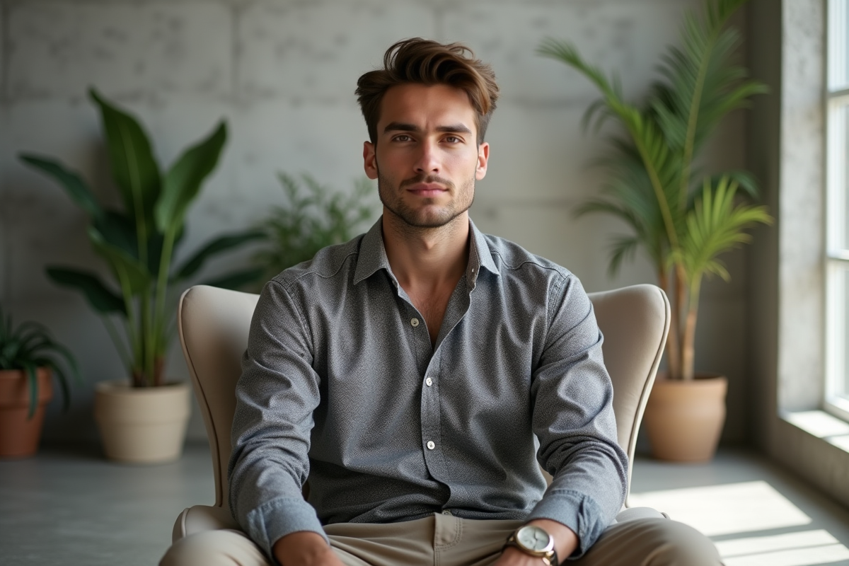 Jeune homme stylé en studio avec fauteuil