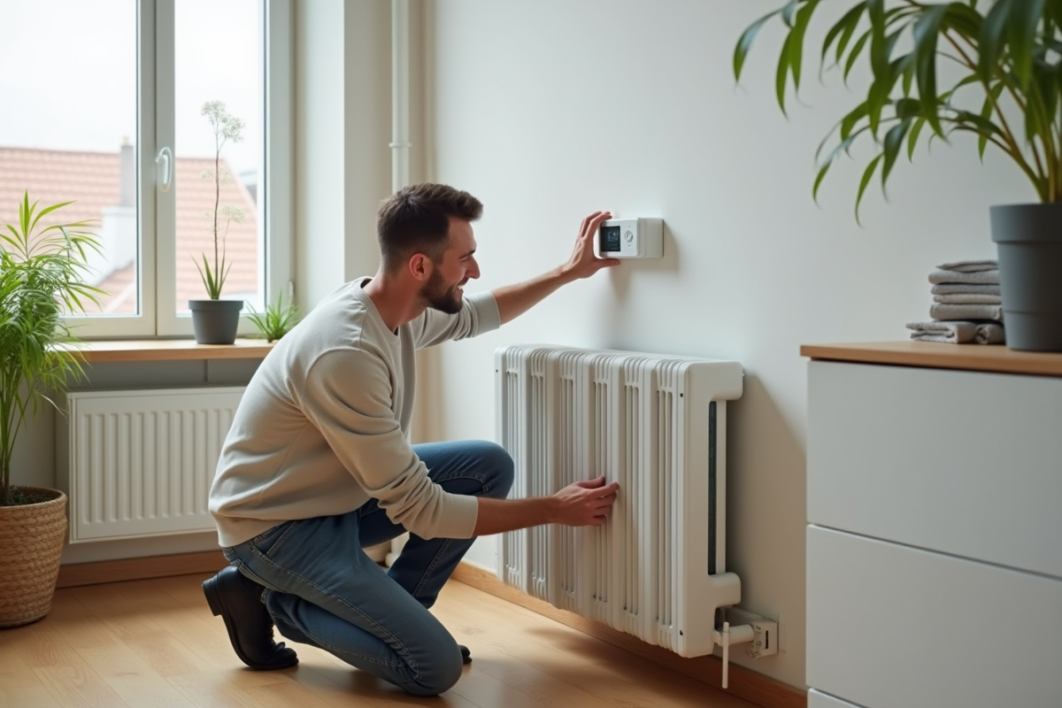Jeune homme ajustant un thermostat de pompe à chaleur dans un appartement lumineux