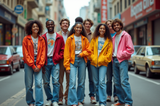 Groupe de jeunes en mode années 80 dans la rue