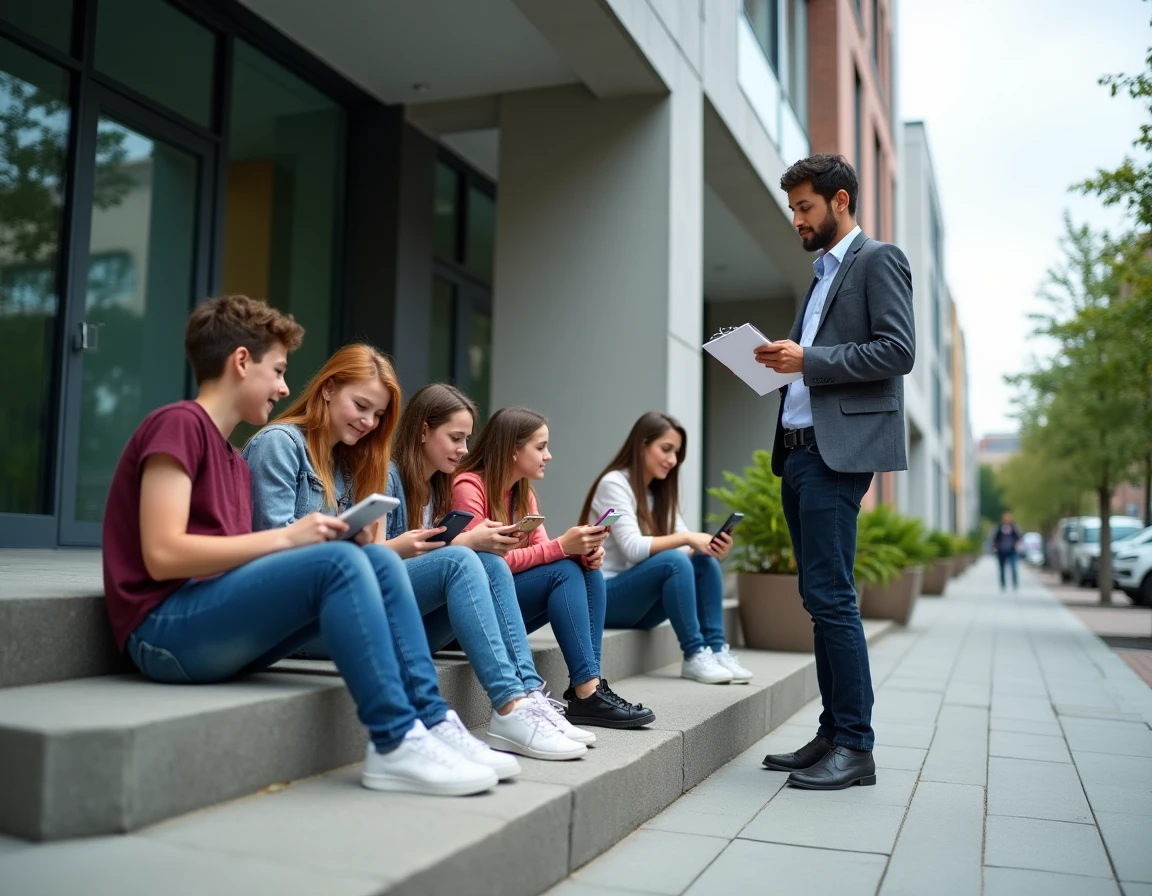 Jeunes et éducateur devant un centre municipal de jeunesse, sensibilisation numérique programme Koi de Neuf KDN