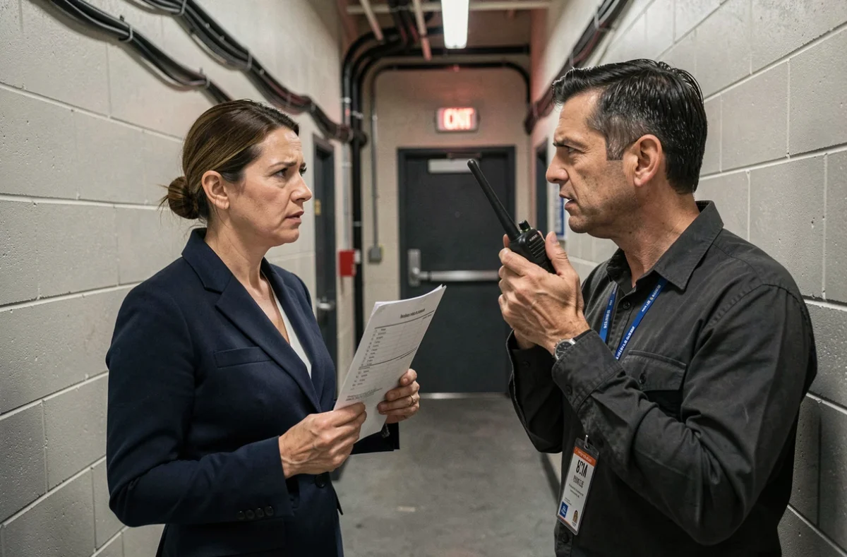Journaliste présentatrice en coulisses d'un plateau de télévision discutant avec un réalisateur avant un direct matinal, atmosphère de travail sous pression