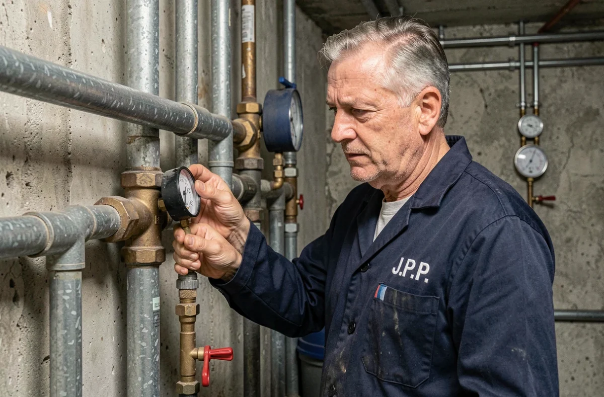 Un plombier expérimenté de J.P.P. inspecte un réseau de tuyaux dans la chaufferie d'un bâtiment commercial à Nîmes.