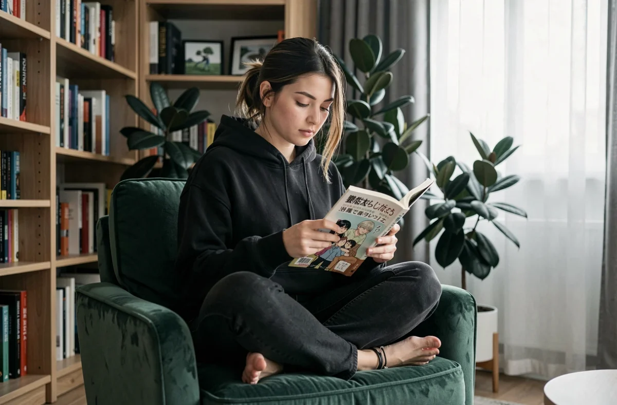 Jeune femme lisant un manga fantasy dans un fauteuil de lecture moderne entourée de bibliothèques, représentant l'immersion dans les arcs de la série