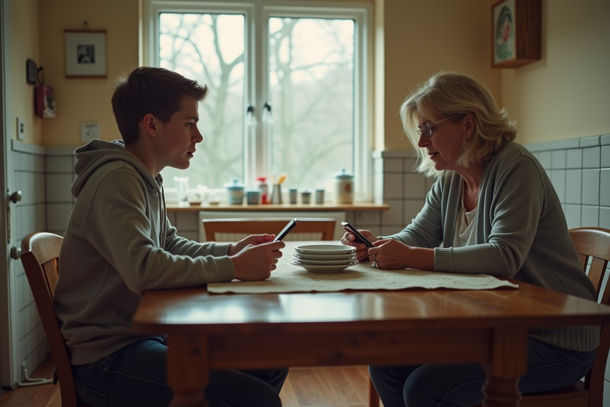 Mère préoccupée avec son fils dans la cuisine familiale