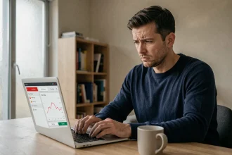 Homme consultant un tableau de bord de score de confiance négatif sur un ordinateur portable, illustrant les mauvaises notes attribuées à Rokzov