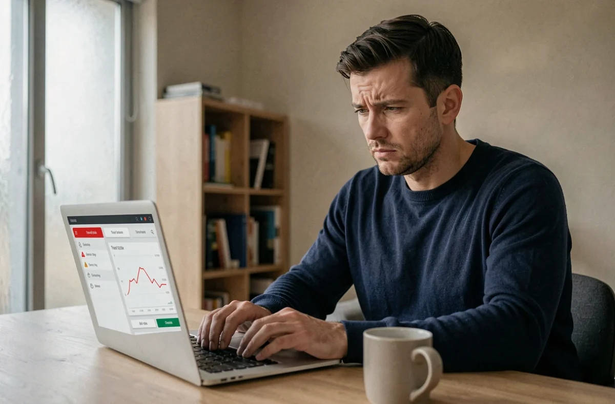 Homme consultant un tableau de bord de score de confiance négatif sur un ordinateur portable, illustrant les mauvaises notes attribuées à Rokzov