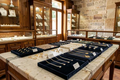 Intérieur d'une bijouterie provençale avec des vitrines de bijoux en or et diamants exposés sur du velours bleu marine dans un cadre élégant