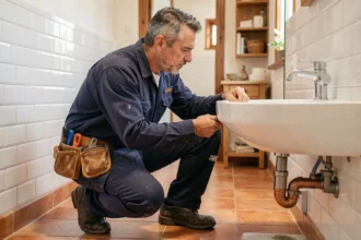 Un plombier professionnel en uniforme bleu marine inspecte des tuyaux sous un lavabo dans une maison de Nîmes, représentant les meilleurs plombiers de la ville.