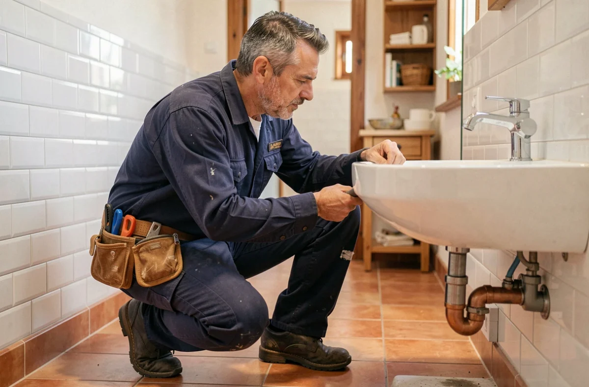 Un plombier professionnel en uniforme bleu marine inspecte des tuyaux sous un lavabo dans une maison de Nîmes, représentant les meilleurs plombiers de la ville.
