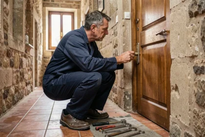 Serrurier professionnel examinant une serrure dans un couloir résidentiel en Auvergne-Rhône-Alpes