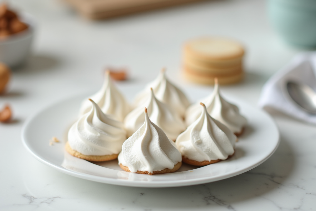 Meringues parfaitement presentes sur une assiette blanche en cuisine