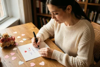 Femme écrivant un message romantique pour la Saint-Valentin sur une carte avec un stylo plume, assise à un bureau en bois chaleureux