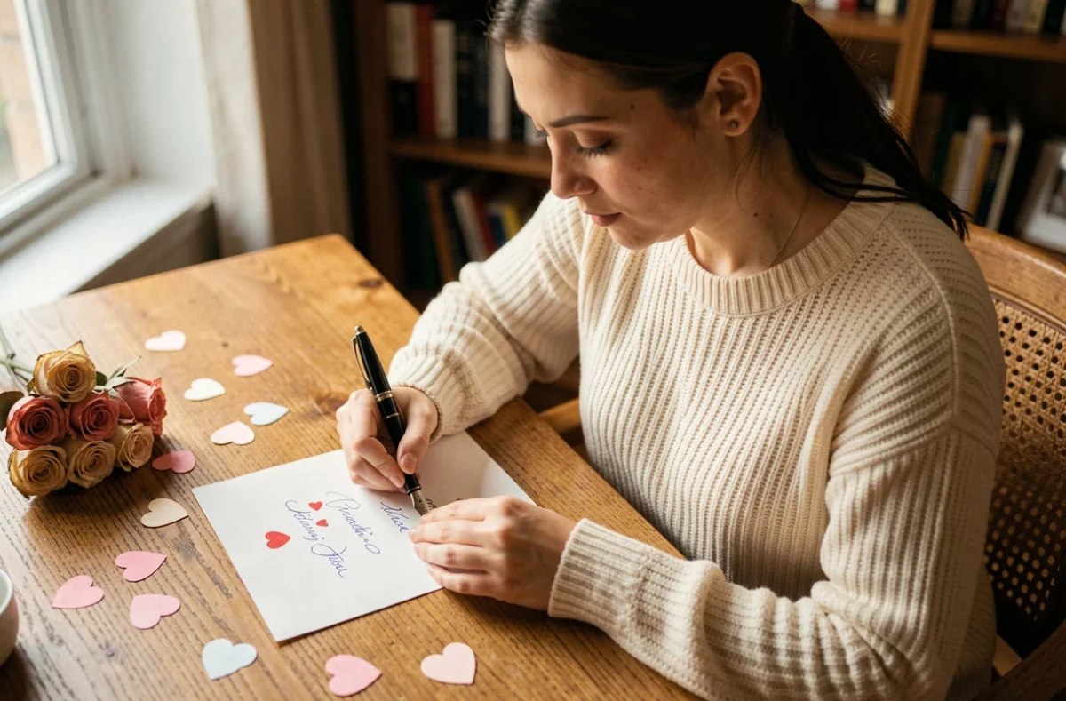 Femme écrivant un message romantique pour la Saint-Valentin sur une carte avec un stylo plume, assise à un bureau en bois chaleureux