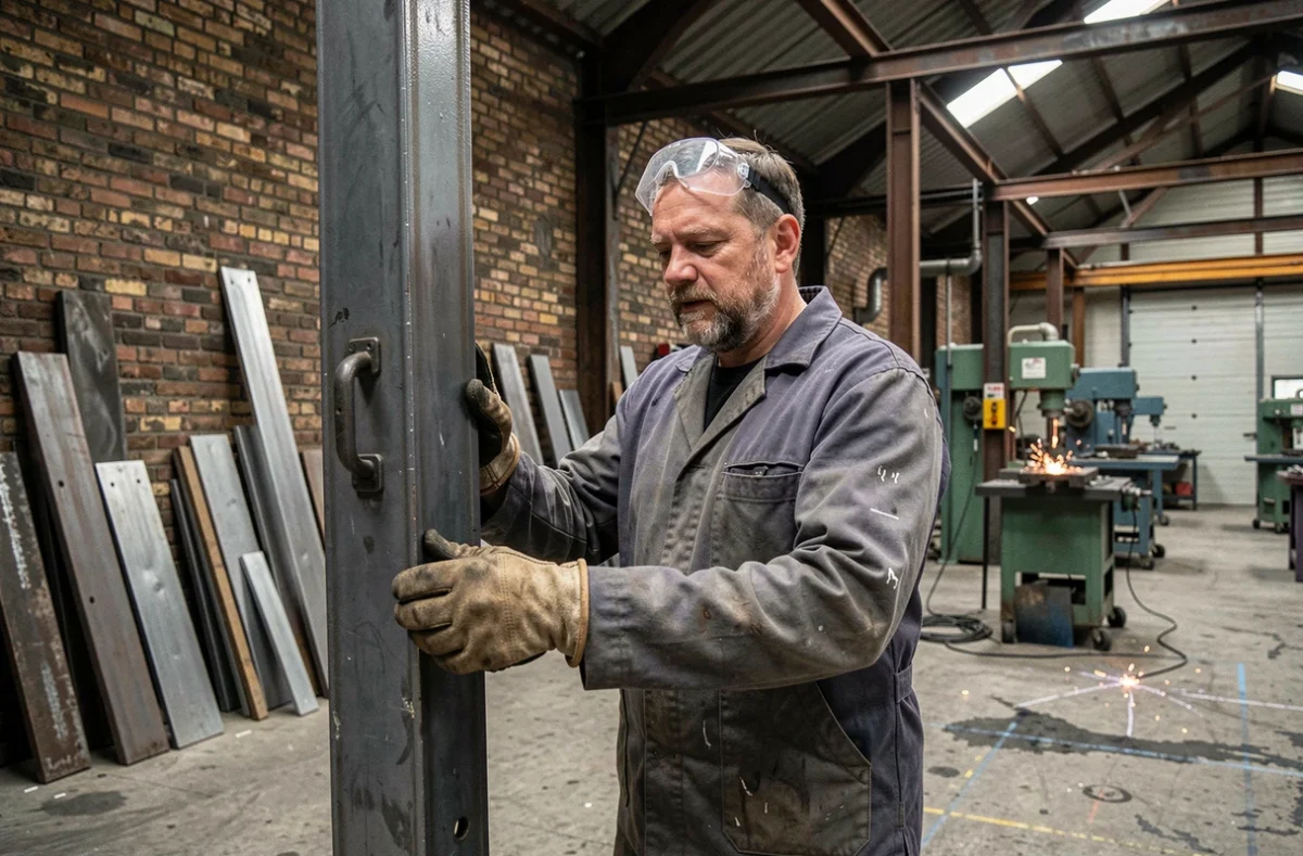 Artisan métallier-serrurier examinant un cadre de porte en métal dans un atelier industriel à Saint-Étienne