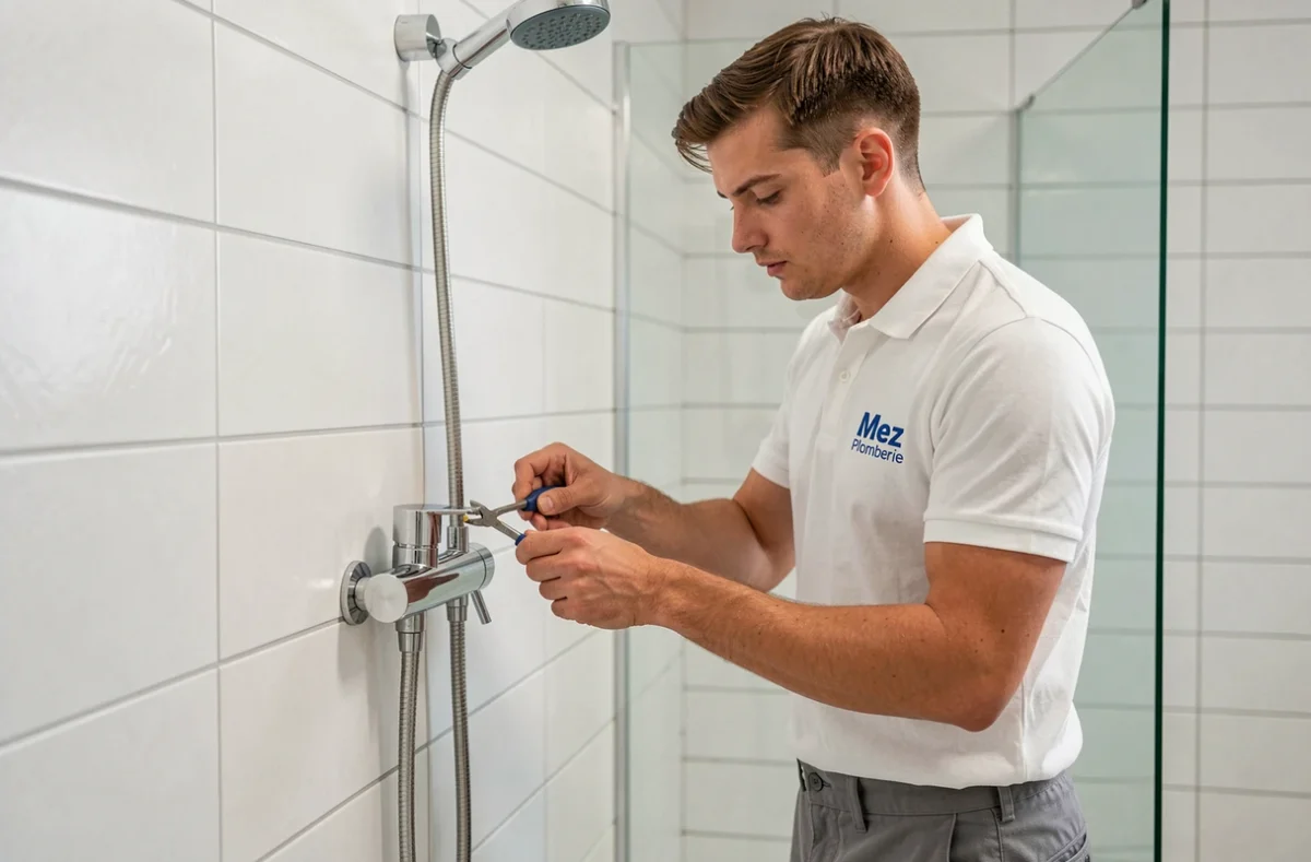 Un plombier de Mez Plomberie installe un mitigeur thermostatique de douche dans une salle de bain contemporaine à Nîmes.