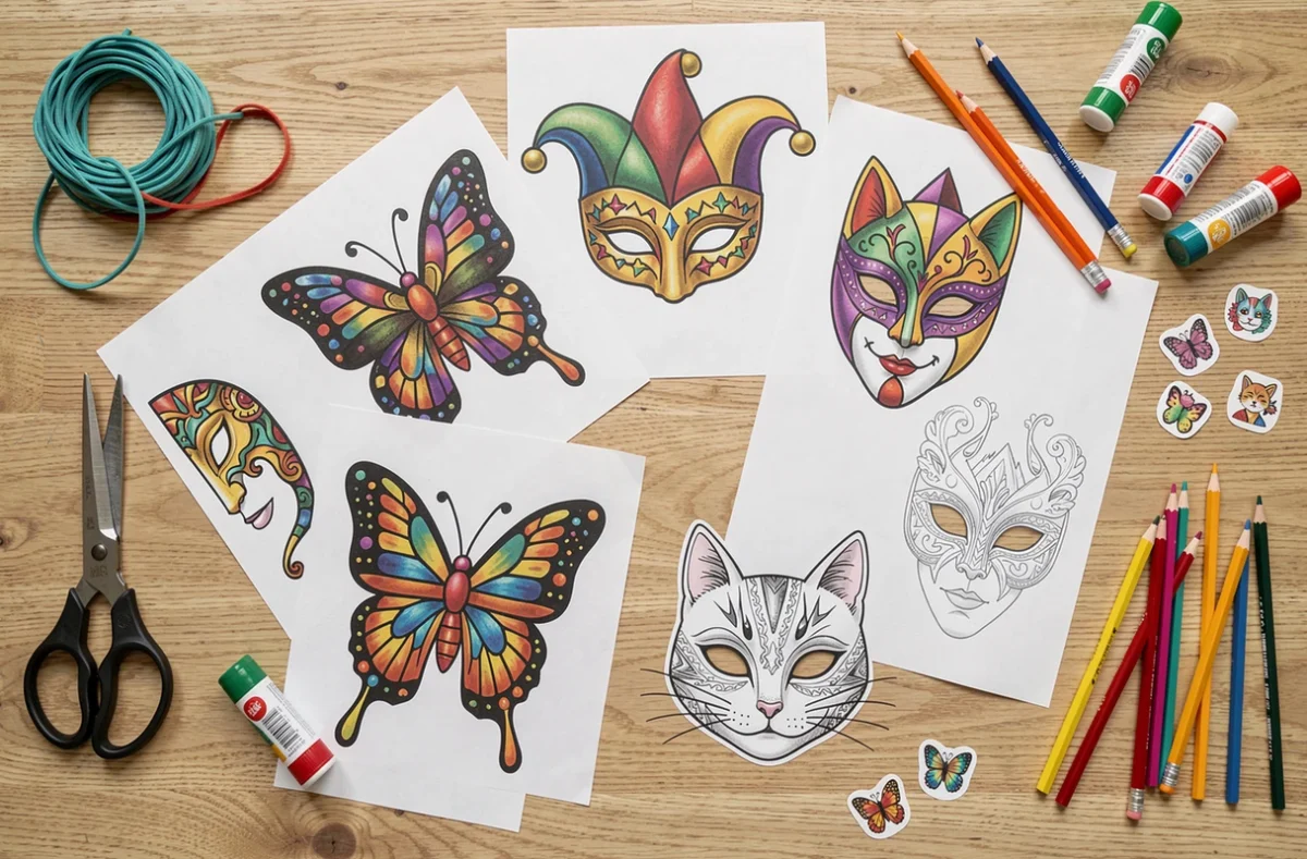 Vue de dessus de modèles de masques de carnaval imprimés avec des outils de bricolage sur une table en bois