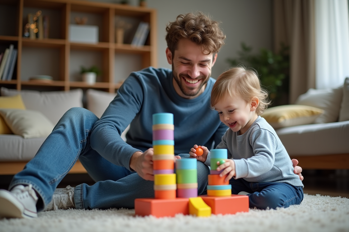 Père jouant avec son enfant dans le salon familial