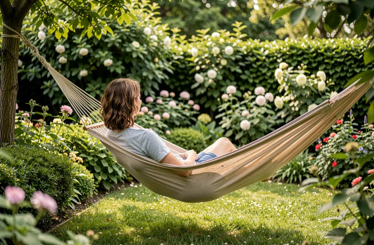 Personne qui se détend dans un hamac au jardin