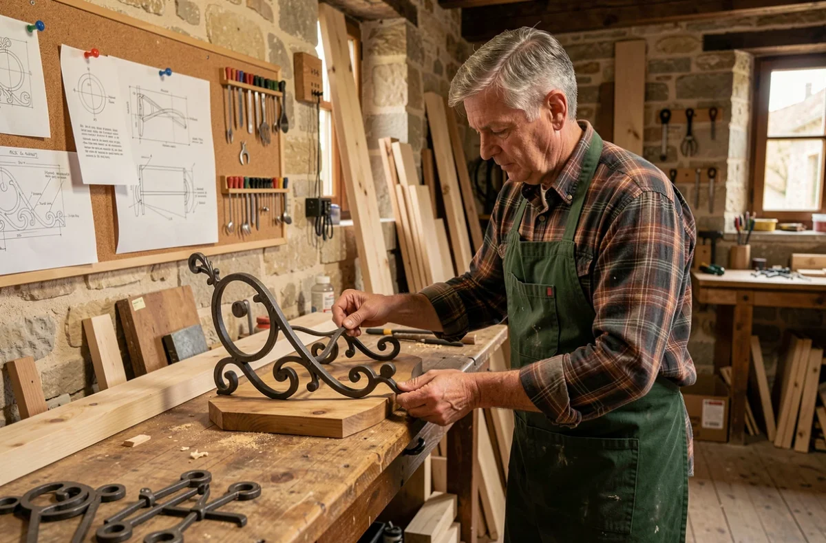 Artisan de Phil'Bois Création assemblant une menuiserie avec ferrures en atelier à Commentry